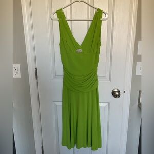 Robbie Bee Lime Green V-Neck Midi Dress with Brooch
